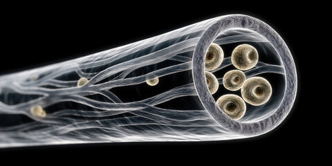 Medulla Channel & Air Pockets, A 3D illustration of the central medulla of a hair strand in cross-section, discontinuous channel with small air pockets. Translucent, tubular structure. 