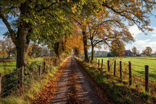 An autumn road lined with colorful trees and old wooden fences leads to a house in a green field under a sky with light clouds
