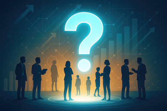 Silhouettes of people in a circle around a bright blue question mark with digital charts business group