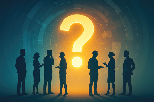 Silhouettes of people gathered around a glowing yellow question mark with digital background business