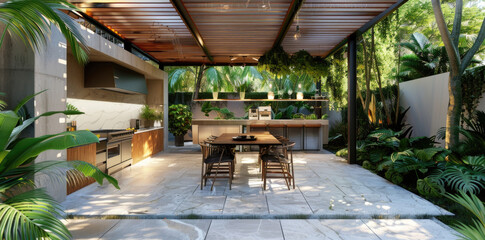 Fototapeta premium Modern outdoor kitchen and dining area surrounded by lush greenery in a tropical setting