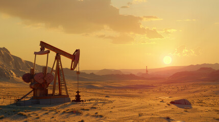 Fototapeta premium Oil pump jack operates under a beautiful sunset in an arid landscape