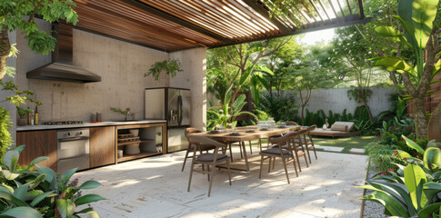 Outdoor kitchen and dining area surrounded by lush greenery in a sunny backyard