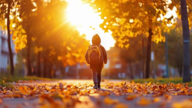 Child walking through autumn park with backpack under golden sunlight. Back to School, School Season, First Day of School - Education Supplies, Academic Year Beginning