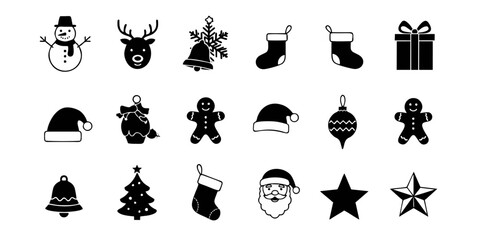 Obraz premium Monochrome Christmas icon vector set. Simple holiday symbols including a snowman, reindeer, Santa Claus, and festive decorations for design projects.