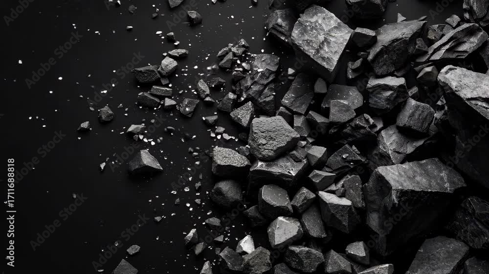 Poster dynamic scene features fragmented black rock pieces against a dark backdrop. the image showcases mot
