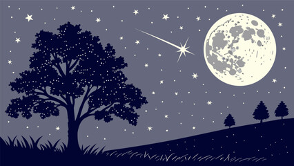 Naklejka premium Illustration of a Moonlit Night Landscape with Stars and Shooting Meteor
