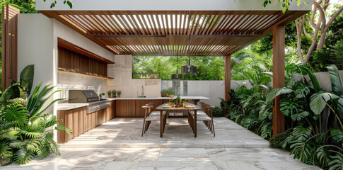 Fototapeta premium Modern outdoor kitchen design with lush greenery and inviting dining area perfect for gatherings and cooking