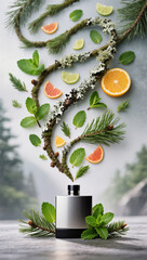 Nature-inspired men's fragrance concept with citrus mint elements for fresh inspiration. Mockup.