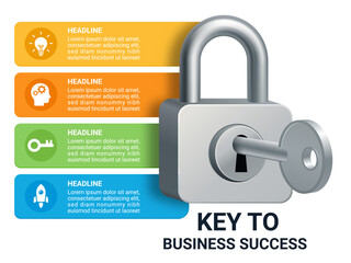 Business key to success infographic. Creative lock and key diagram template.