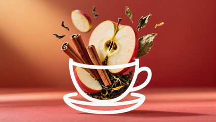 Aromatic apple cinnamon tea blend with dried leaves and spices on gradient background.