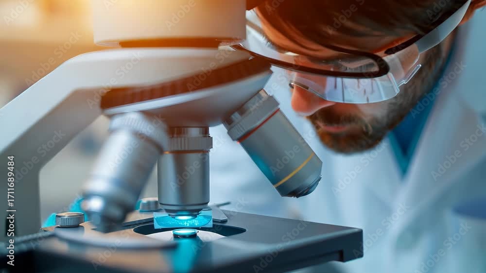 Poster A dedicated scientist examines a sample under a microscope in a well-equipped laboratory, highlighting the importance of precision in research and analysis.