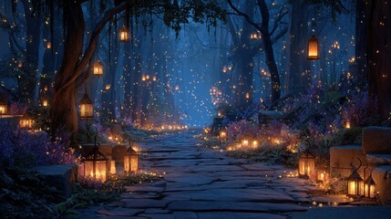 Enchanted forest pathway glows with lanterns and magical lights at night, creating a whimsical atmosphere in a beautiful, dreamlike landscape