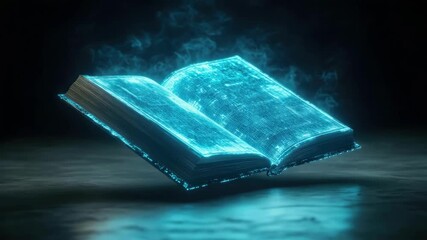 Glowing futuristic book with neon blue aura floating in dark