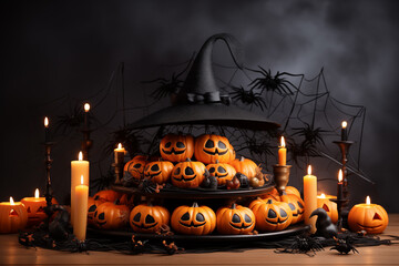 Halloween black Background with a Black Spider and pumpkin