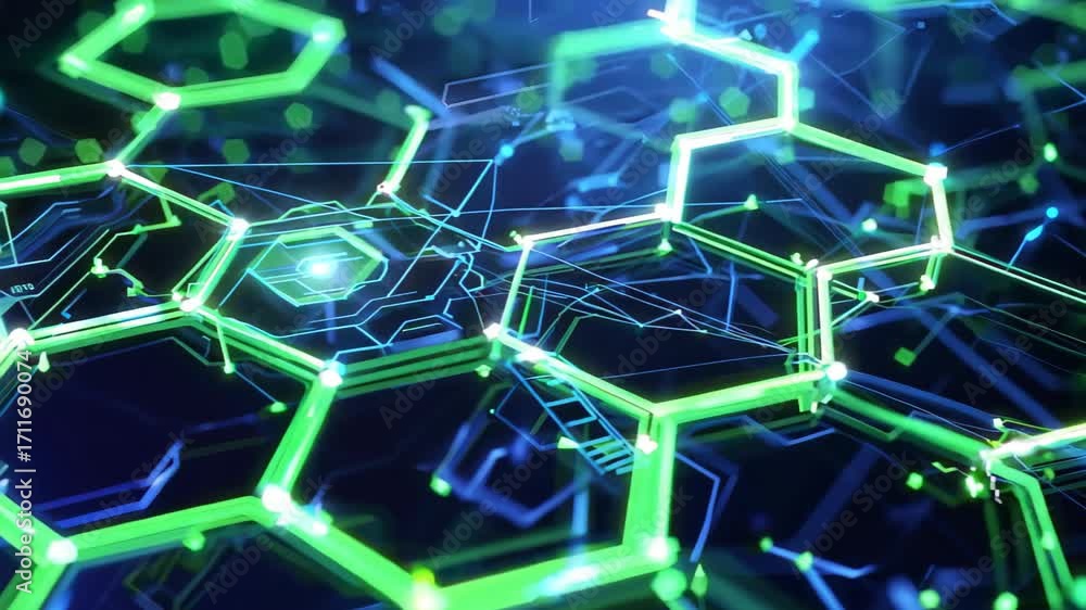 Poster colorful abstract hexagonal shapes display glowing blue and green lights, creating a dynamic digital