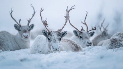 Obraz premium Arctic Calm: A Reindeer with Frosted Antlers Gazes from a Snowy Landscape