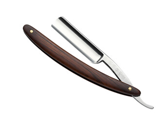 Straight Razor Closeup of Antique Barbers Shaving Tool with Wooden Handle isolated on transparent background