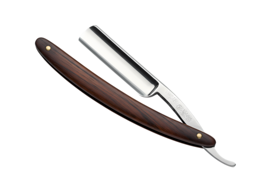 Straight Razor Closeup of Antique Barbers Shaving Tool with Wooden Handle isolated on transparent background