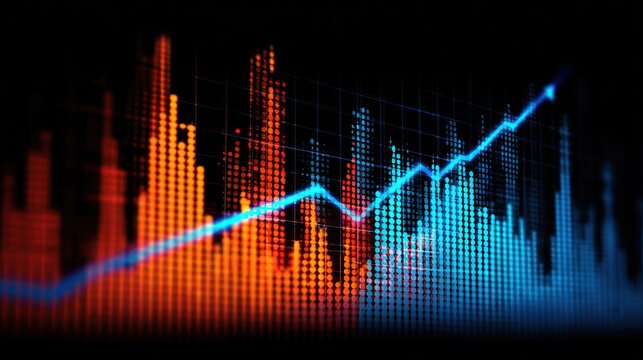 Ascending Blue Line on Orange-Blue Dot Matrix Graph, Dark Background