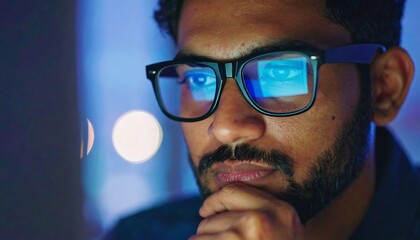 Man wearing glasses looking at computer screen at night.