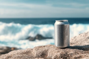 A cold silver can with water droplets rests on a rock near the ocean