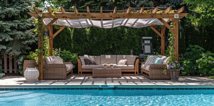 Stylish outdoor seating area near a pool surrounded by lush greenery in a sunny environment