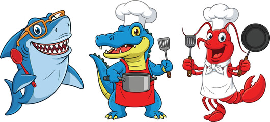 Cartoon chef animals, shark, alligator, lobster cooking characters, funny kitchen cartoon, culinary team, vector food illustration for kids