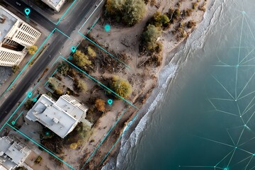 Aerial view of urban coastline and digital mapping with technology overlays