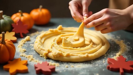 Person kneading and shaping dough with a rolling pin, a common cooking process