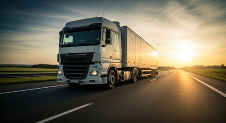 A white semitruck drives down a highway during a golden sunset with lens flare