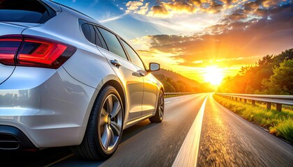 Silver Car on Asphalt Road During Sunset with Golden Sky and Green Trees in Distance Capturing Freedom and Adventure Under Dramatic Lighting