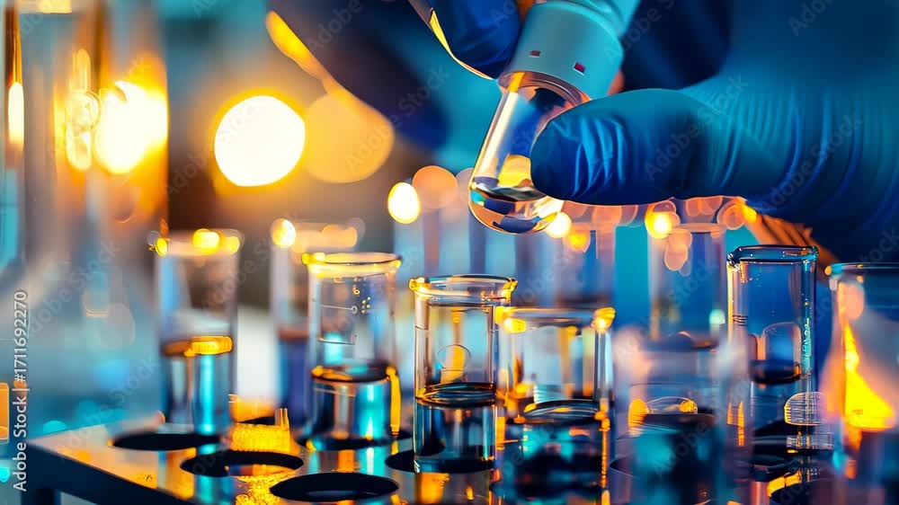 Poster a close-up image of a laboratory scene featuring a pipette and test tubes filled with colorful liqui