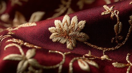 Burgundy fabric with gold thread embroidery