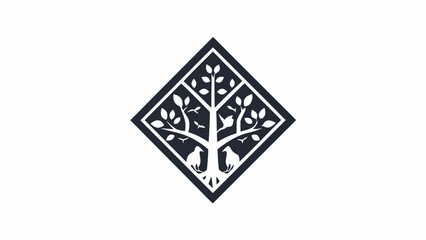 Illustration of a tree with birds and leaves inside a diamond shaped frame in black and white color silhouette