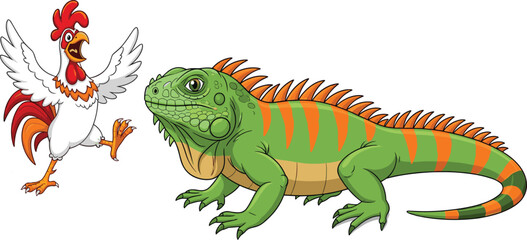 Cartoon chicken and iguana standing together, funny farm bird and reptile illustration, colorful animals, jungle and farm wildlife concept