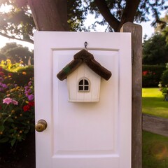 A decorative birdhouse hangs on a white gate