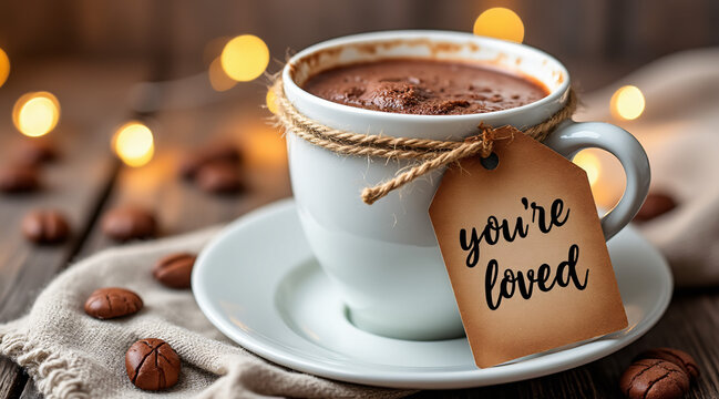 Cozy hot chocolate cup with loving message and coffee beans on wooden table