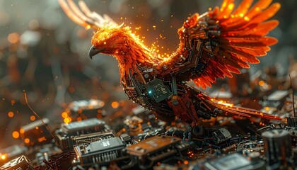 A macro ultra hyper realistic shot of a digital phoenix rising from a pile of old, rusty electronic components.