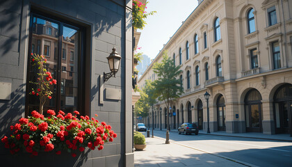 charming urban street view with vibrant red flowers and historic architecture basked in sunlight