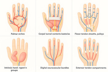 Fototapeta premium Hand Anatomy Illustrations: Palmar Arches, Tendons, and Neurovascular Bundles