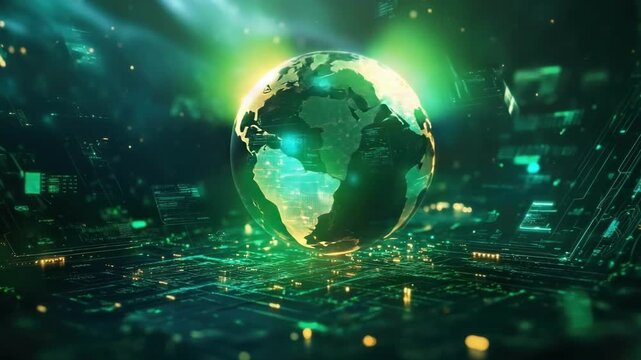 Digital earth displaying futuristic virtual network in green tech environment