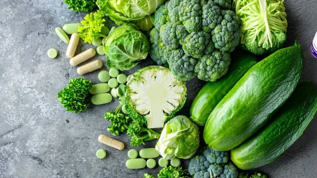 A vibrant arrangement of fresh green vegetables alongside dietary supplements on a rustic wooden surface. Perfect for showcasing healthy eating and nutrition.