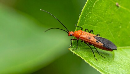 Red insect on green leaf