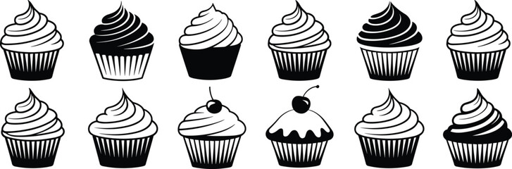 Black and white cupcake vector illustrations set, delicious dessert icons with whipped cream, cherries, frosting, isolated on white background for bakery design, food art, sweet treats