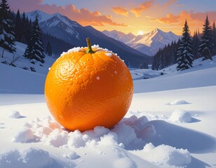 Orange in snowy mountains at sunset