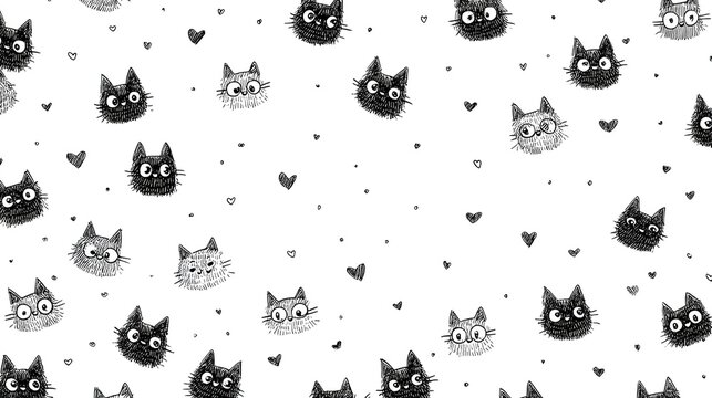 Doodle Cat Heads and Hearts Pattern