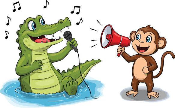 Cartoon crocodile singing, monkey with megaphone, musical animal characters, vector illustration, fun performance, children content, expressive design, jungle entertainment