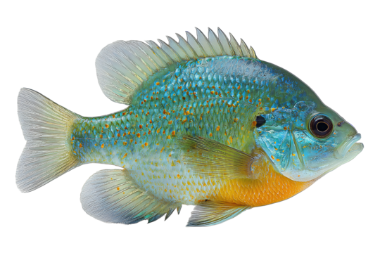 Fresh bluegill featuring moist sheen, erect dorsal spines and shimmering blue-green body with golden highlights, isolated on transparent background.
