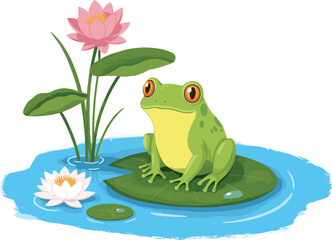 Cartoon frog on lily pad, green frog sitting in pond, water lily flowers, cute amphibian illustration, nature water habitat, peaceful pond scene, vector wildlife art
